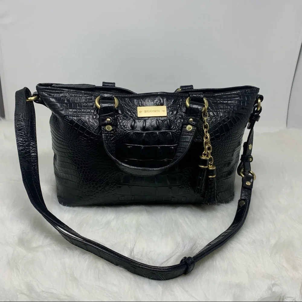 Brahmin Mini Asher Melbourne Embossed Leather Satchel Black - Picture 2 of 12